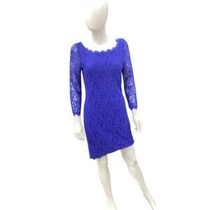 Diane Von Furstenberg Dress Women’s SZ10 Lacey Overlay Chunky Zipper Cobalt Blue